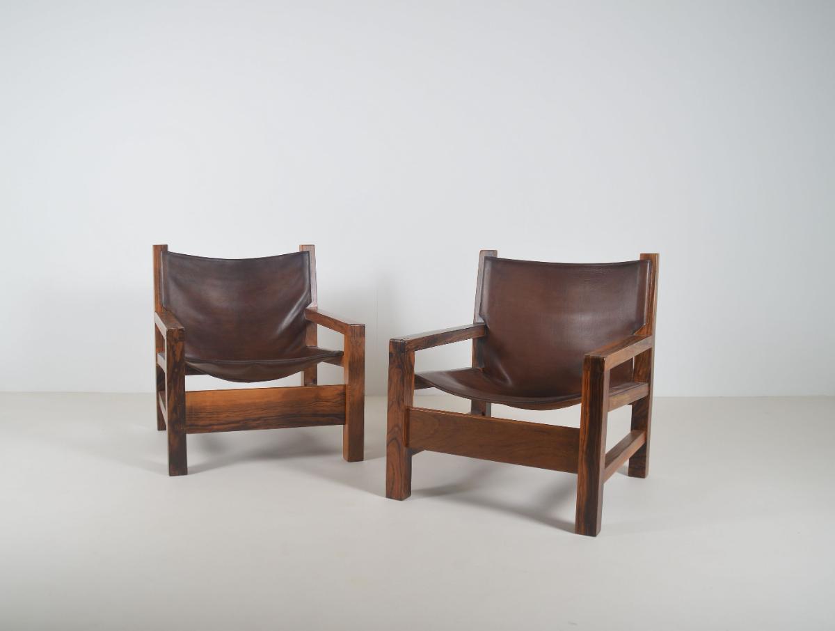 Set of French armchairs in olive wood with saddle leather, 1970s - Bois - Années 70