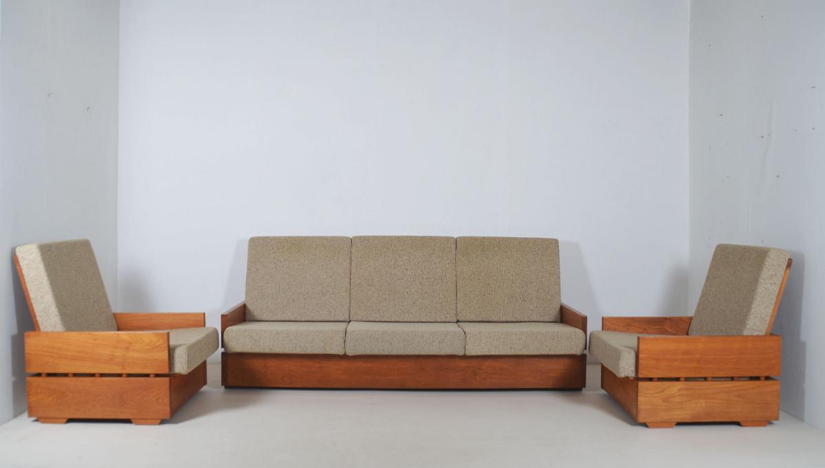 Set of Brutalist armchairs in solid wood, 1970s - Wood - 1970s